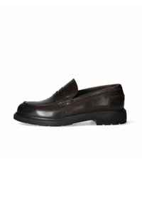 Mocassini in pelle marrone scuro con design slip-on, caratterizzati da una fascia di tessuto sulla tomaia e una suola in gomma robusta.
