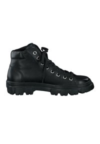 Sneaker alte in pelle nera con finitura texturizzata, suola in gomma, occhielli in argento e lacci neri per una vestibilità sicura.