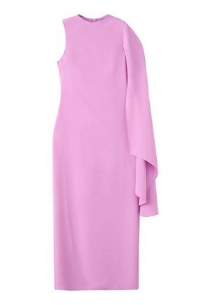 Long-sleeve, column dress in solid lavender fabric. Features a high neckline and a large, draped sleeve accent on the left side.