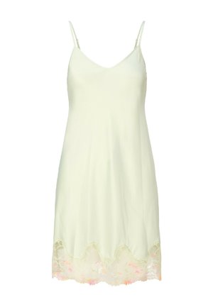 Lichtgroene slipjurk met dunne verstelbare bandjes en een golvende kanten zoom met subtiele roze accenten.
