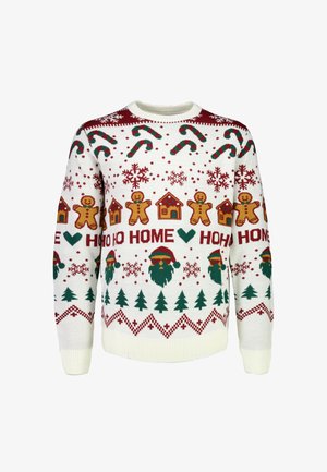 Sweter z dzianiny o białym tle, z czerwonymi i zielonymi świątecznymi wzorami, w tym ludzikami piernikowymi, laskami cukrowymi, drzewkami i płatkami śniegu.
