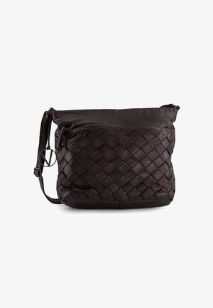 Dark brown leather bag with woven texture, zippered top, adjustable strap, and side pocket. Metal logo accent on strap.