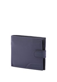 Portafoglio in pelle blu navy con una texture liscia e dettagli cuciti. Presenta una chiusura a scatto sicura e un design minimalista.