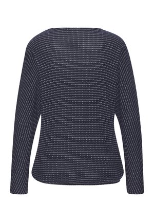 Navyblauw top met lange mouwen en een golvend gestreept patroon, voorzien van een brede halslijn en een losse pasvorm, gemaakt van een lichtgewicht stof.