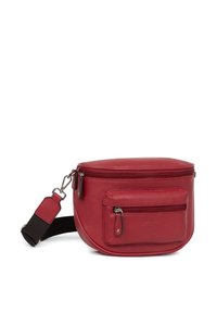 Borsa a spalla rossa in pelle con forma arrotondata, dotata di due tasche con zip e di una tracolla staccabile con una sezione in tessuto.