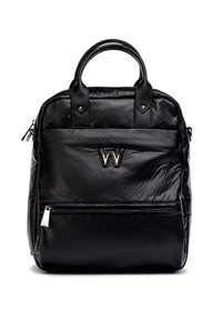 Sac à main en cuir noir texturé avec deux poignées supérieures, poche zippée à l'avant et logo métallique "W" au centre avant.