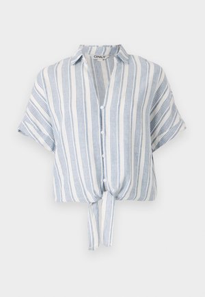 Korsetes krekls ar īsām piedurknēm, izgatavots no viegla auduma, ar zilo un balto vertikālo svītru rakstu, pogu aizdari priekšpusē un savilktām detaļām viduklī.