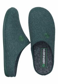 Green felt slippers with a textured surface, open back design, and a circular green logo. Cushioning insoles and a dark green sole.