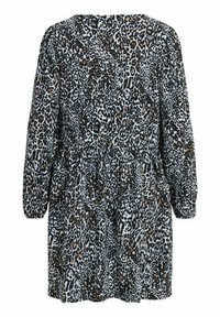 Robe à manches longues, longueur genou, avec motif léopard noir, marron et blanc et détail froncé à la taille.