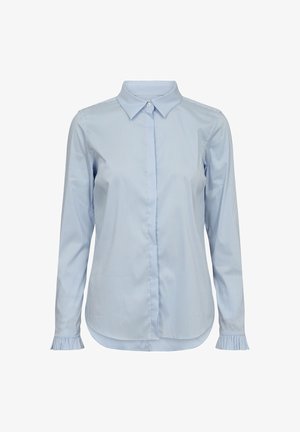 Light blue striped long-sleeve shirt with a pointed collar and ruffled cuffs, featuring a button-down front and a curved hemline.