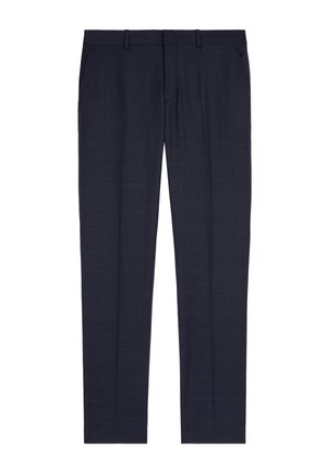 Pantalones azul marino hechos de una tela texturada, con un sutil patrón de cuadros, corte recto y cuatro bolsillos, con pasadores para cinturón en la cintura.