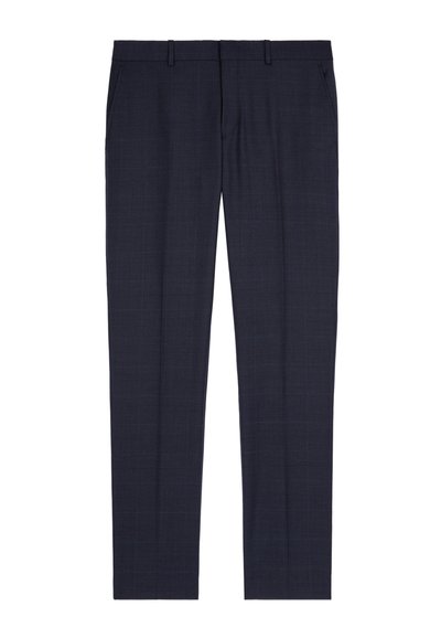 Granatowe spodnie wykonane z teksturowanej tkaniny, z subtelnym wzorem w kratę, prostym krojem oraz czterema kieszeniami, z szlufkami na pasek w talii.