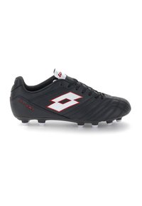 Chaussure de football en cuir noir avec un logo rouge et blanc, des crampons blancs et des lacets noirs, vue de profil sur fond blanc.