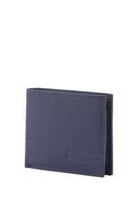 Navy leren portemonnee met een rechthoekige vorm, reliëflogo en subtiele stiksels. Heeft een bi-fold ontwerp en een gladde textuur.