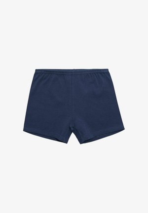 Pantalones cortos de algodón azul con una cinturilla elástica, que presentan un diseño sencillo, textura opaca y sin patrones ni acentos visibles.