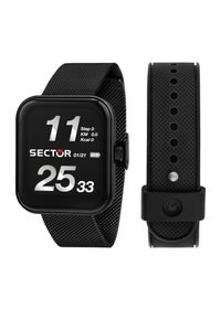 Orologio smartwatch nero con quadrante quadrato, display digitale che mostra l'ora e i dati di fitness, e un cinturino in rete testurizzata. Include un ulteriore cinturino in gomma.