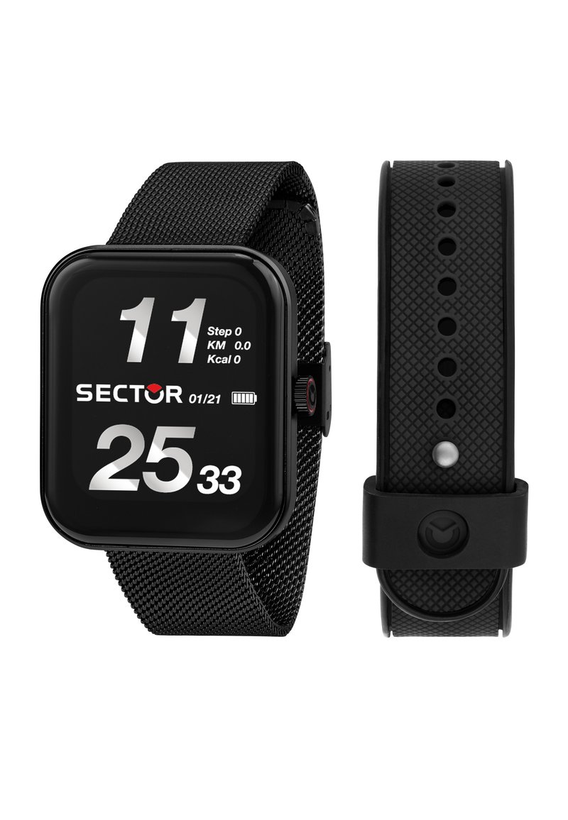 Orologio smartwatch nero con quadrante quadrato, display digitale che mostra l'ora e i dati di fitness, e un cinturino in rete testurizzata. Include un ulteriore cinturino in gomma.