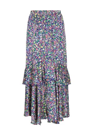 Sukienka midi w kwiatowy wzór w wielu kolorach, z falbankami, elastycznym paskiem w talii i lekko opływającym materiałem.