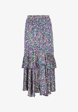 Midirock mit Blumenmuster in mehreren Farben, mit Rüschendetails, einem elastischen Bund und einem fließenden, leichten Stoff.