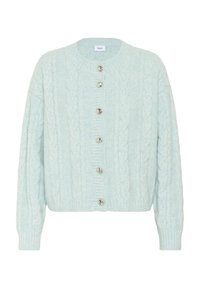 Lichtblauwe kabelgebreide cardigan met lange mouwen en zes glanzende zilveren knopen in het midden van de voorkant.
