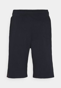 Sorte knælange shorts med elastisk talje og en enkelt baglomme på højre side mod en hvid baggrund.