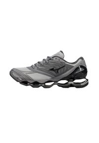 Scarpa sportiva grigia con materiale in rete e sintetico, tomaia testurizzata, accenti neri e un design distintivo della suola ammortizzata.