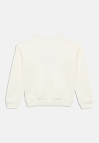 Biała bawełniana bluza z okrągłym dekoltem, długimi rękawami oraz ściągaczami na mankietach i u dołu. Gładka faktura, brak widocznych wzorów lub logo.