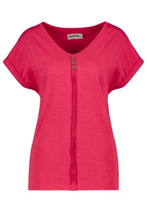 T-shirt rosa a maniche corte con scollatura a V. Caratterizzato da tre bottoni decorativi sul davanti e una vestibilità comoda. Realizzato in un tessuto morbido e leggero.