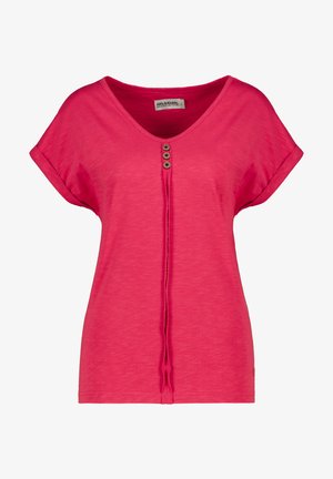 T-shirt rose à manches courtes avec un col en V. Décoré de trois boutons à l'avant et d'une coupe décontractée. Fabriqué en tissu doux et léger.