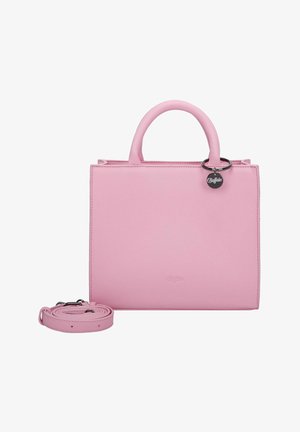 Lyserød rektangulær håndtaske med afrundede håndtag, aftagelig lang rem og en cirkulær Buffalo-mærke ved øverste højre hjørne.