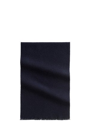 Scarf in lana blu con una texture morbida. Forma rettangolare, bordi frangiati e finitura liscia, leggermente lucida. Senza motivi o dettagli in metallo.