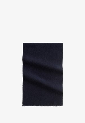 Navy wool scarf with a soft texture. Rectangular shape, fringed edges, and a smooth, slightly glossy finish. No patterns or hardware details.