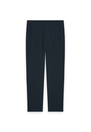 Navyblauwe broek met rechte pijpen, knoopsluiting, riemlussen en schuine steekzakken aan de voorkant, afgebeeld op een witte achtergrond.