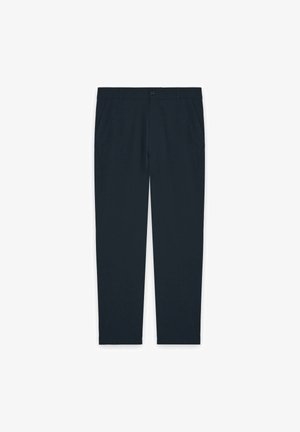 Pantaloni a gamba dritta blu navy con chiusura a bottone, passanti per cintura e tasche frontali inclinate su sfondo bianco.