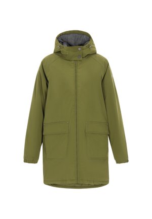 Olivgrüne Parkajacke mit Kapuze, ausgestattet mit zwei Fronttaschen, einem durchgehenden Reißverschluss und einem weichen grauen Innenfutter.