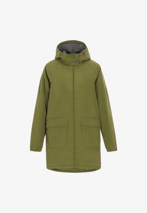 Olíva zöld kapucnis parka dzseki, két elülső zsebbel, teljes cipzárral és puha szürke béléssel.