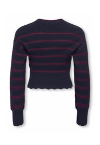 Námořnický svetr s krátkým střihem a vínovými pruhy, žebrovaná textura, vlnkový lem a dlouhé rukávy. Má klasický kulatý výstřih.