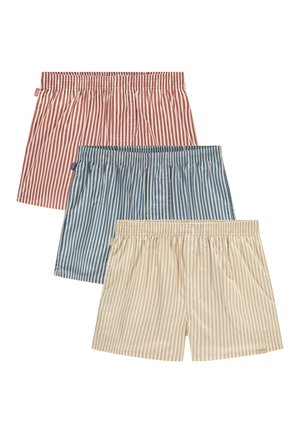 Three pairs of striped boxers: red and white, blue and white, and beige and white; elastic waistbands and soft cotton fabric.