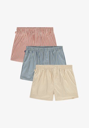 Trois paires de boxers rayés : rouge et blanc, bleu et blanc, et beige et blanc ; avec des ceintures élastiques et en tissu de coton doux.