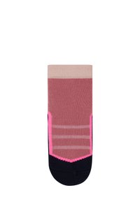 Gestrickte Knöchelsocke in pinken Farbtönen mit einem hellrosa oberen Bund, einem dunkelpinkem Körper und einer marineblauen Ferse. Verfügt über ein horizontales Streifenmuster und rosa Akzente.