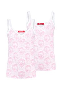 V-Ausschnitt-Top in Pink mit floralem Muster, ausgestattet mit weißen Akzenten und verstellbaren Trägern. Hergestellt aus weichem, atmungsaktivem Stoff.