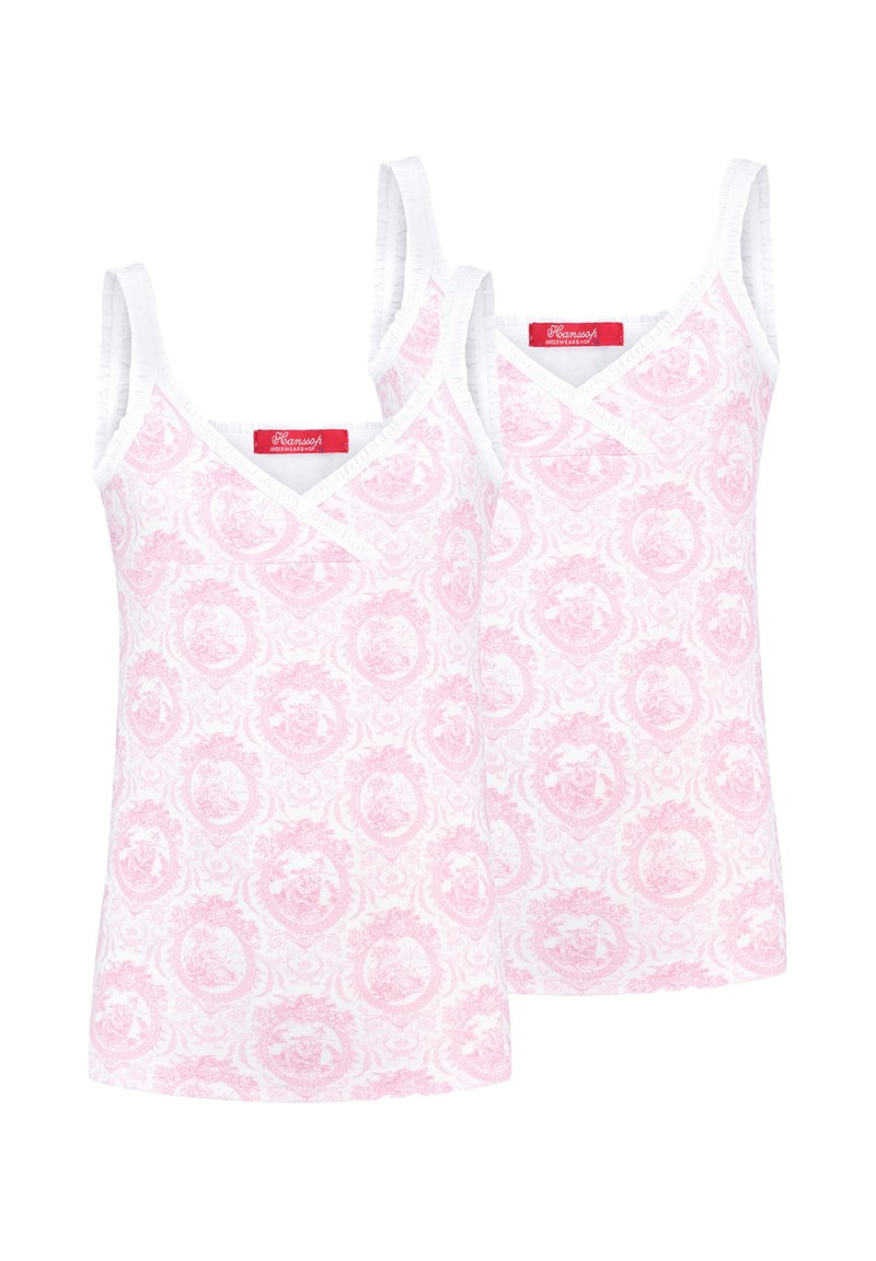 V-Ausschnitt-Top in Pink mit floralem Muster, ausgestattet mit weißen Akzenten und verstellbaren Trägern. Hergestellt aus weichem, atmungsaktivem Stoff.