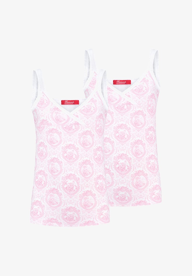 V-Ausschnitt-Top in Pink mit floralem Muster, ausgestattet mit weißen Akzenten und verstellbaren Trägern. Hergestellt aus weichem, atmungsaktivem Stoff.