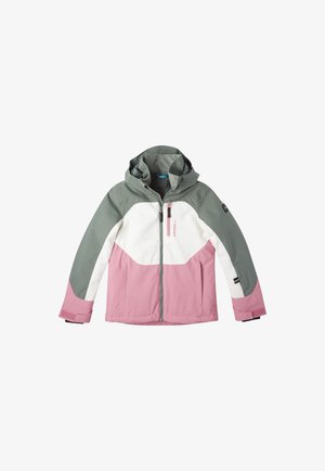 Dziecięca kurtka z kapturem na zamek z przodu, w kolorach szarym, białym i różowym, z kieszenią na piersi na zamek oraz regulowanymi mankietami na nadgarstkach.