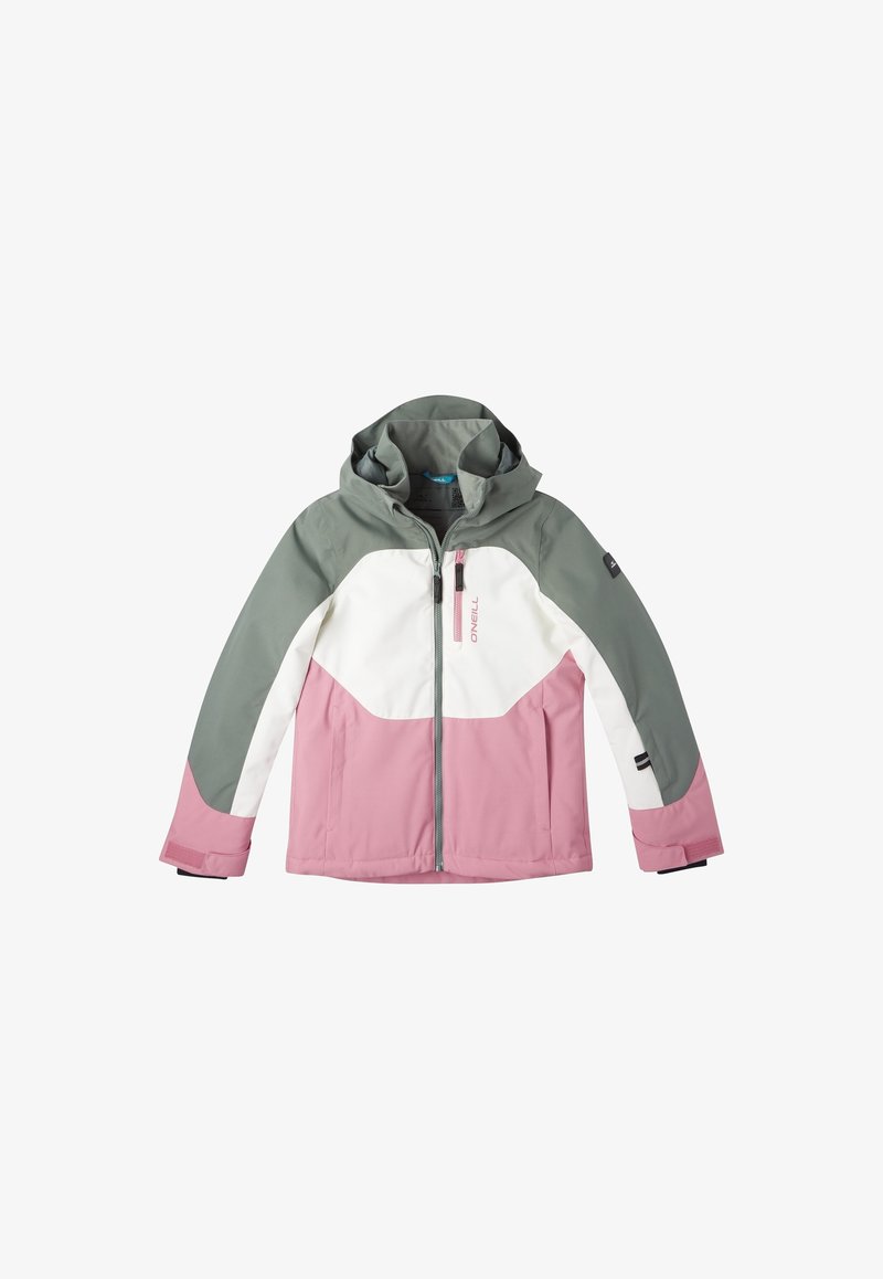 Dziecięca kurtka z kapturem na zamek z przodu, w kolorach szarym, białym i różowym, z kieszenią na piersi na zamek oraz regulowanymi mankietami na nadgarstkach.