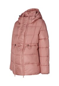 Rosa puff jacka med huva, som har dragkedja fram, snörningsdetaljer och ett kviltat mönster för isolering och värme.
