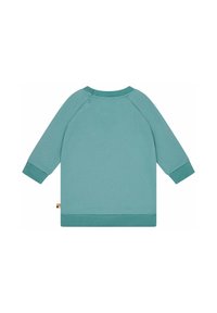 Türkiser Sweatshirt mit rundem Ausschnitt, langen Raglanärmeln und einem Akzent am Saum. Verfügt über zwei Druckknöpfe an der Schulter.