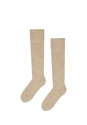 Pair of plain beige knee-high socks with ribbed cuffs, shown flat on a white background.