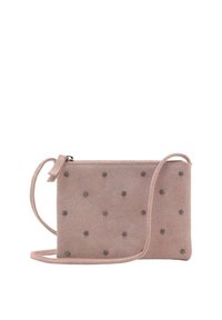 Borsa a tracolla in suede rosa con decorazioni a forma di stella, chiusura con zip e tracolla regolabile. Texture liscia con bordi cuciti.
