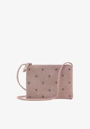 Borsa a tracolla in suede rosa con decorazioni a forma di stella, chiusura con zip e tracolla regolabile. Texture liscia con bordi cuciti.